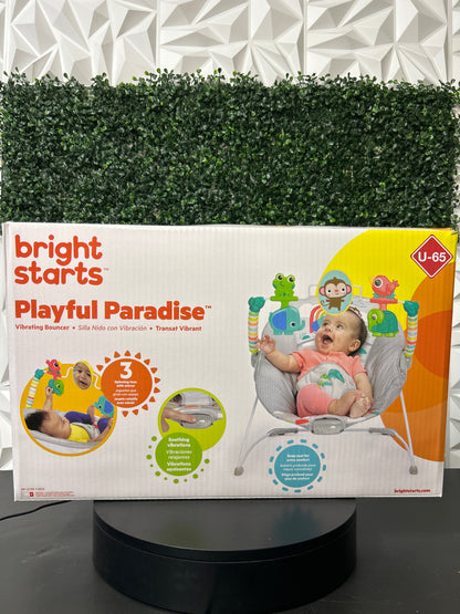 Bright Starts Playful Paradise Comfy Baby Bouncer Seat with Soothing Vibration and Toys